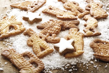 Fototapeta na wymiar Assorted Speculaas biscuits, Dutch cookies with coarse sugar and cinnamon star cookies