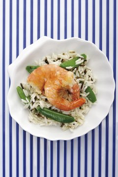 Rice dish with shrimp, pea pods, long-grain rice and wild rice