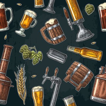 Seamless pattern beer tap, class, can, bottle and hop.
