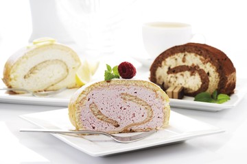 Spongecake rolls: lemon, raspberry, cappuccino