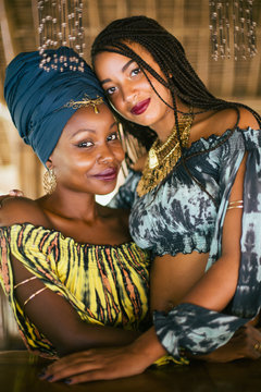 Beautiful stylish african women portrait in tie dyed bamboo cotton clothes