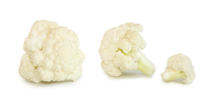 Fresh piece of cauliflower isolated on white background. Macro vegetable composition.