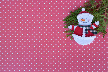 New year background with xmas tree and  snowman on red paper with white points. Christmas card idea.Space for text.Xmas blank.