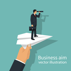 Man with briefcase standing on paper plane to achieve business goal, concept. Aim in business. Vector illustration flat design. Smart solution to achieve mission. Direction victory. Aiming to target.
