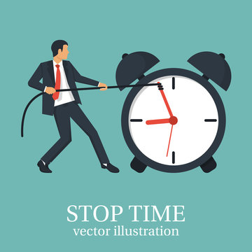 Stop time concept. Business metaphor. Vector illustration flat design. Isolated on white background. Businessman in suit push back hour hand. Deadline. Time management.