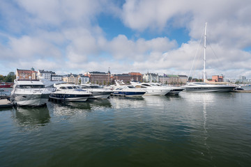 Power boats in the harbor in Helsinki