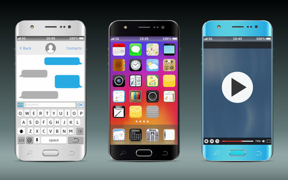 Smart phones with icons, messaging sms app and video player widget