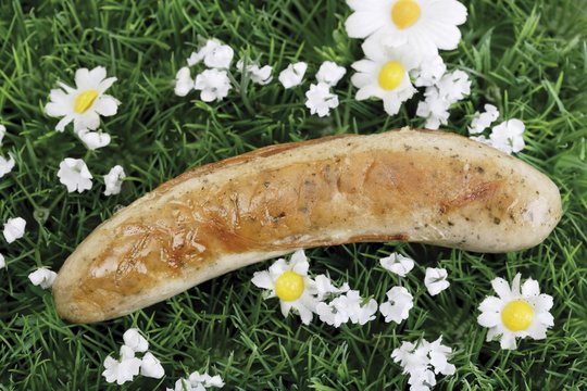 Bratwurst sausage laying in a flower meadow
