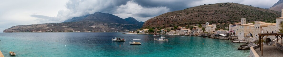 Fototapeta na wymiar Limeni panorama at Mani on a cloudy day