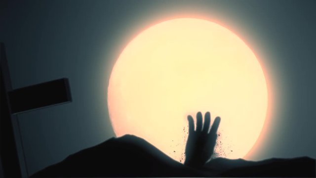 Halloween themed animation depicting a hand rising out from a grave. 4K UHD animation rendered at 16-color depth. Broadcast quality.