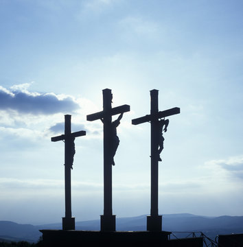 Kreuzberg near Bischofsheim Bavarian Rhoen Lower Frankonia Bavaria Germany three Crosses upon the summit built up by bishop Julius Echter