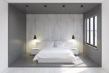 Fototapeta na wymiar Gray and wooden bedroom interior