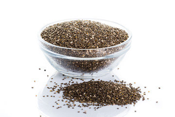 Seeds of chia in a bowl on a white background