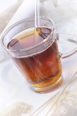 Composing shot, cup of tea and various kinds of sugar