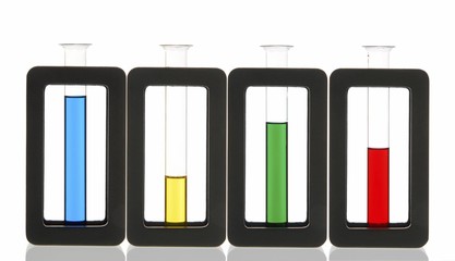 Test tubes filled with different coloured liquids
