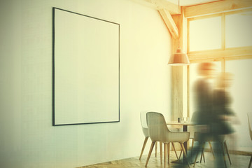 White cafe, loft windows, poster, corner, people