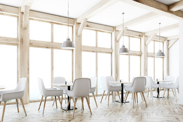 White cafe interior, loft windows, side view