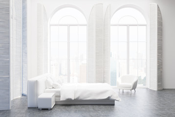 White luxury bedroom interior, gray floor, side