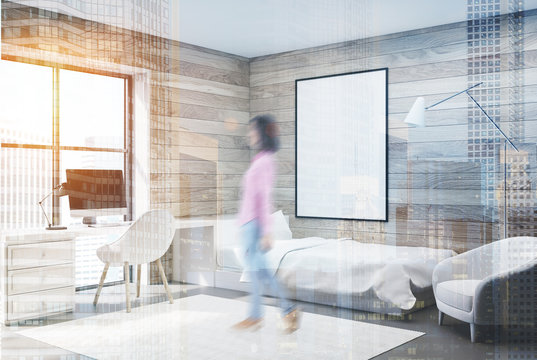 Wooden bedroom, computer and poster, corner, girl