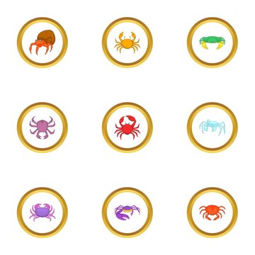 Crab icons set, cartoon style