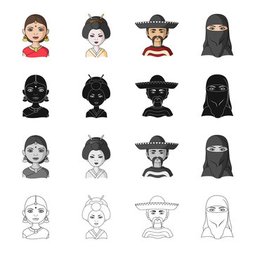 Different race of Indian, Japanese, Mexican, Asian. The human race set collection icons in cartoon black monochrome outline style vector symbol stock illustration web.