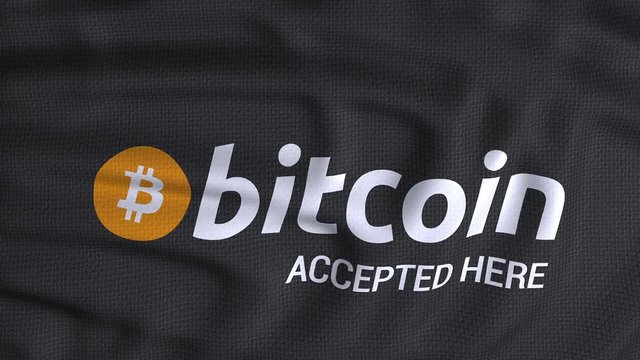 bitcoin accepted here flag waving logo animation. Digital payment of cryptocurrency illustration concept