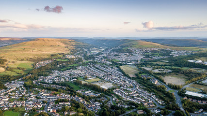 Sunset over a Welsh valleys town viewed from the air © whitcomberd