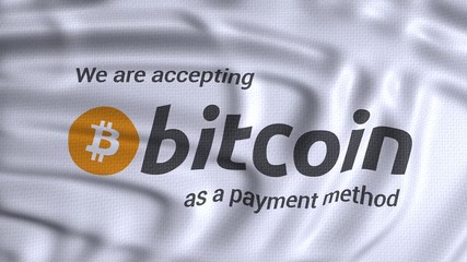 bitcoin white flag with text we are accepting bitcoin as a payment method, animated video