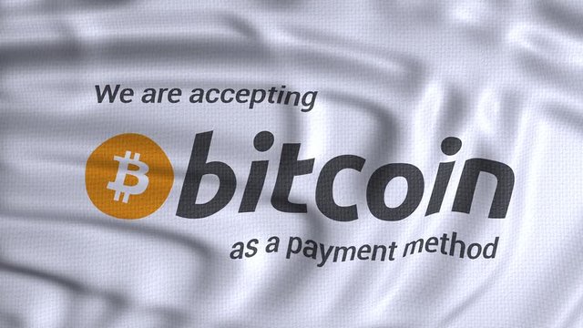 bitcoin white flag with text we are accepting bitcoin as a payment method, animated video