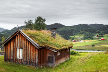 Small house on a hill in Norway mountains with traditional green grass roof.