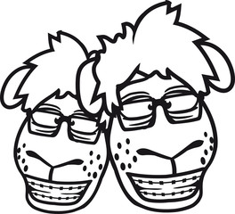 2 freunde br&uuml;der team paar gesicht kopf b&uuml;cherwurm lesen nerd geek hornbrille zahnspange freak schlau intelligent lustig klein s&uuml;&szlig; niedlich comic cartoon schaf ziege wolle bauer bock m&uuml;de cool