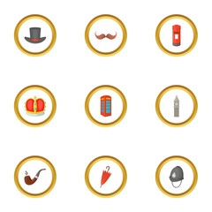 England attraction icons set, cartoon style