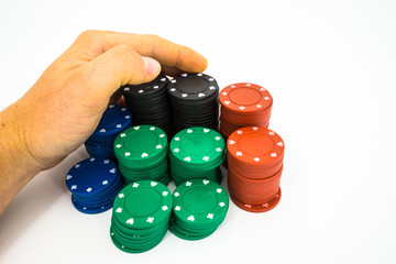 poker chips isolated with hand