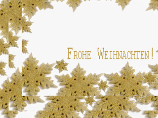 Golden stars framed white background with christmas greeting