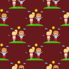 Obraz na płótnie Canvas Kids play enjoy spring arrival warm summer little characters seamless pattern happy playing vector illustration.