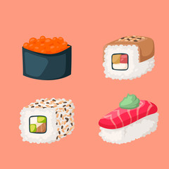 Sushi japanese cuisine traditional food flat healthy gourmet icons asia meal culture roll vector illustration.