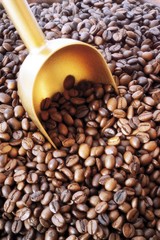 Gold-coloured scoop, coffee beans