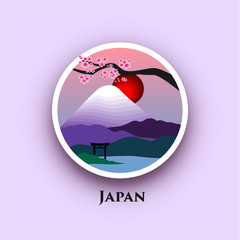 Japanese landscape with Mount Fuji and cherry blossom  in a round frame . Travel logo. Vector illustration Eps 10