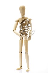 Wooden jointed figure holding a euro shape