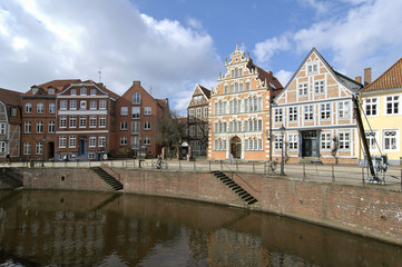 Stade west of Hamburg at the Elbe Lower Saxony Germany framework houses at the old Harbour am Alten Hafen with the Buergermeister Hintze Haus