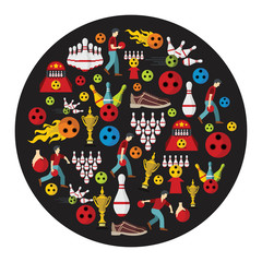 Bowling flat icons set on circle. Bowling sport vector illustration for design and web isolated on black background
