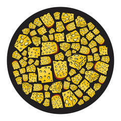 Cheese cartoon icons set vector illustration for design and web isolated on black circle background