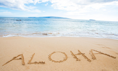 Fototapeta na wymiar The word Aloha written in sand at the beach