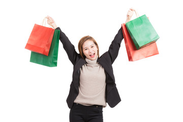 Shopper woman holding shopping bag on isolated background.