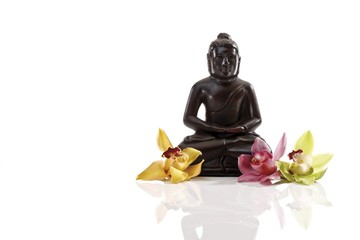 Three orchid blossoms (Orchidaceae) in front of a black Buddha statue