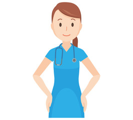 Fototapeta premium An illustration that a nurse wearing a blue scrub standing with his hand on his back