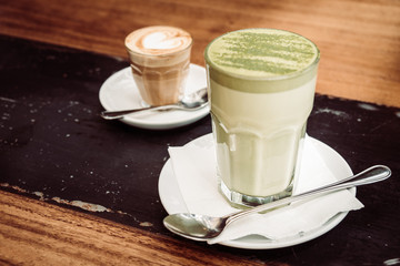 Hot matcha green tea latte cup