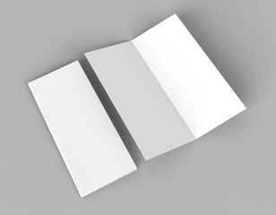 Bi fold or  Vertical half fold brochure mock up isolated on soft gray background. 3D render illustration