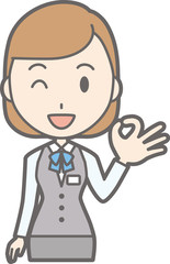 Illustration that a woman clerk wearing a uniform is doing an okay sign