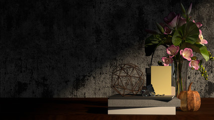 mock up message 3D rendering Still life Valentine's Day with flowers and red silk with clock, brass and red roses vintage